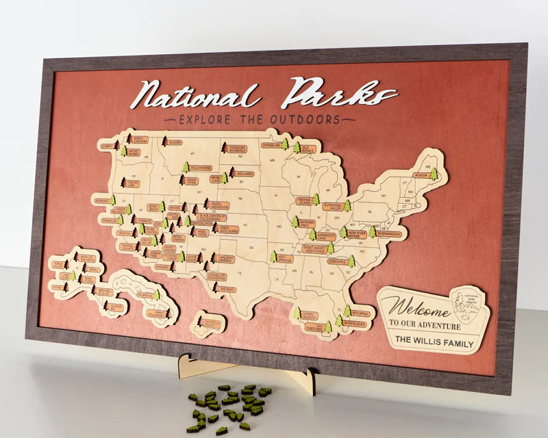 US Wooden National Parks Travel Map With Trees To Record Park Visits