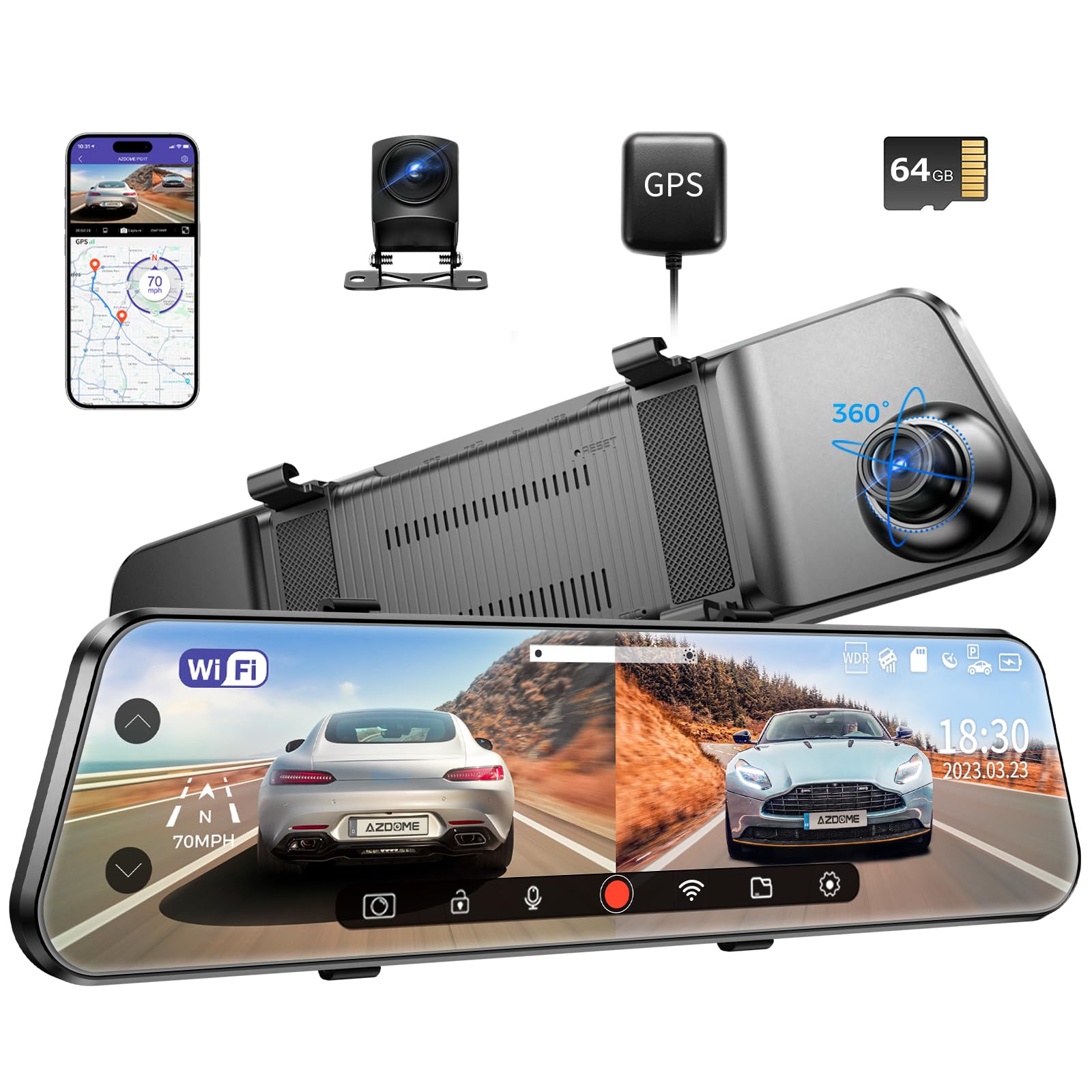 🥇PG17 WiFi Rear View Mirror Camera, 12" Mirror Dash Cam, Dual Camera 2.5K Front and 1080P Rear Camera for Car, Free 64GB TF Card, Waterproof Backup Camera Night Vision, Parking Assistance GPS