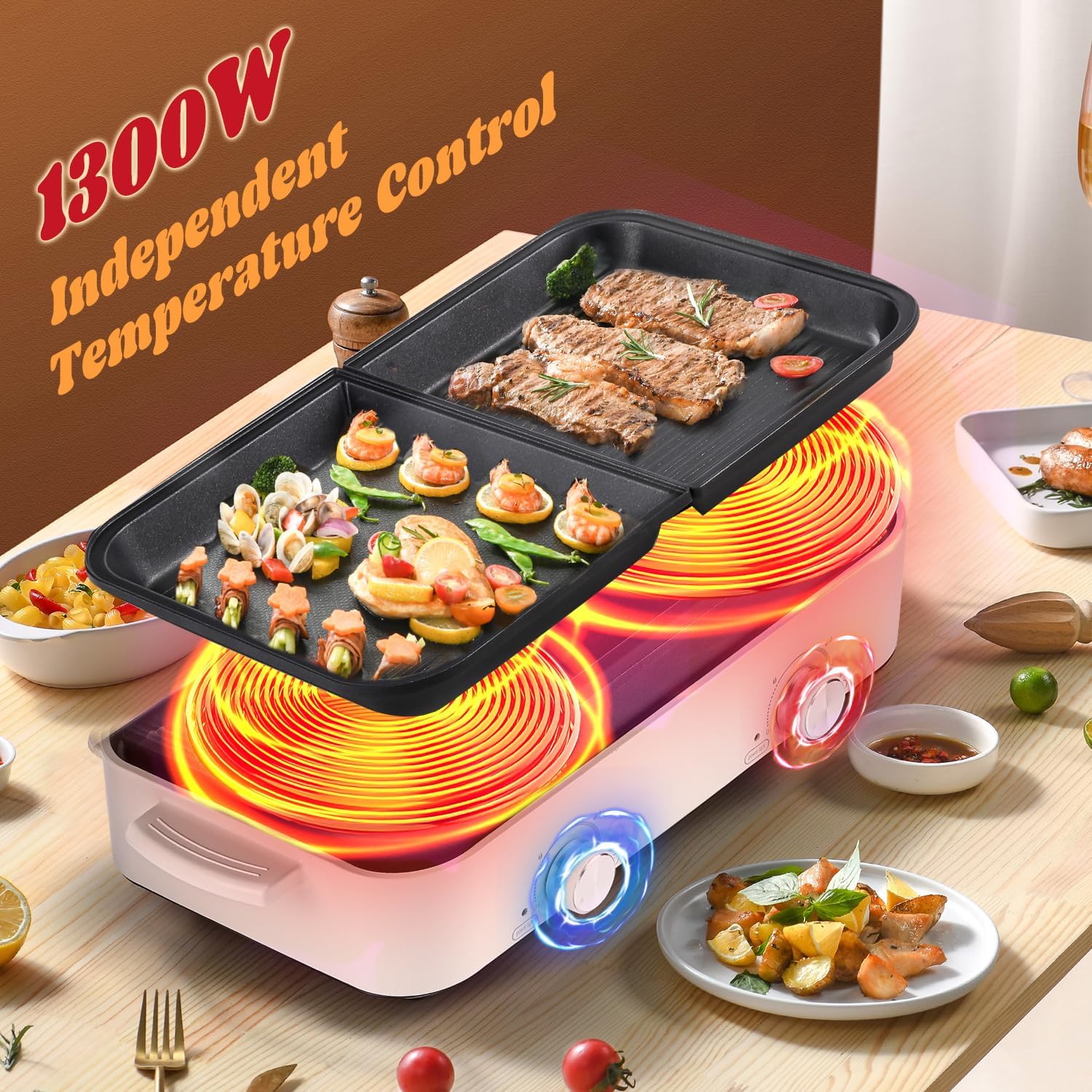 🥇Electric Hot Pot with Grill, 5 Removable Plates Dual Temperature Control, 110V